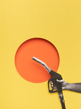 Collage of a hand holding a fuel nozzle.