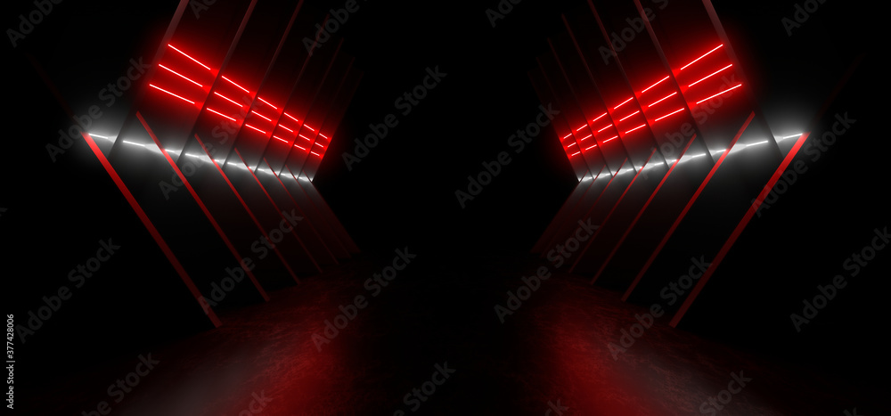 Fototapete A dark corridor lit by red neon lights. Reflections on the floor and walls. 3d rendering image.