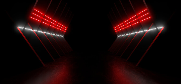 A dark corridor lit by red neon lights. Reflections on the floor and walls. 3d rendering image.