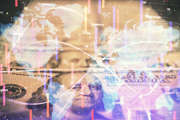 Multi exposure of business theme drawing over us dollars bill background. Concept of financial success.