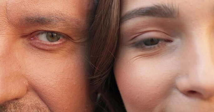 Close up of half faces of caucasian happy father and adult daughter leaning on each other and smiling. Fatherhood love and hugs concept. Portrait. Young beautiful girl with dad.