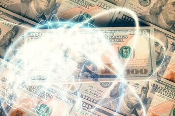 Obraz premium Multi exposure of business theme drawing over us dollars bill background. Concept of financial success.