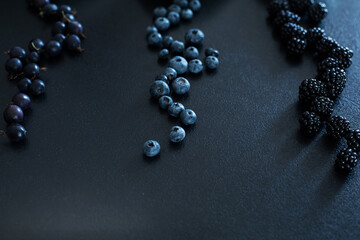 Mix set layout of different types of black berries  on a black table. Stylish seasonal vitamins