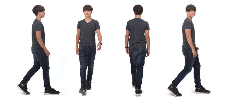 same teenager boy walking on white, front, back and side view