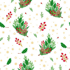 Watercolor Christmas pattern with fir branches, cones, red berries and snowflakes