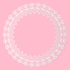 Abstract round frame with swirls, vector ornament, vintage frame. White frame with lace for paper or wood cutting. Doily ornament. Round decor pattern.