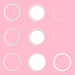Set of 9 round frame with swirls, vector ornament, vintage frame. White frame with lace for paper or wood cutting. Doily ornament. Round decor pattern. - obrazy, fototapety, plakaty