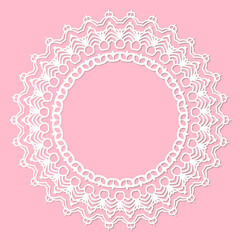 Abstract round frame with swirls, vector ornament, vintage frame. White frame with lace for paper or wood cutting. Doily ornament. Round decor pattern.