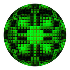 Pixelated black-green sphere, object isolated.