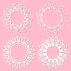 Set of 4 round frame with swirls, vector ornament, vintage frame. White frame with lace for paper or wood cutting. Doily ornament. Round decor pattern.