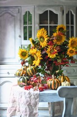 still life with sunflowers and pumpkins, autumn still life	