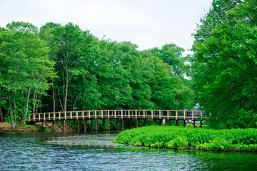 Fototapeta na wymiar Wooden footbridge over lake in Mill Pond Park Ashland MA USA