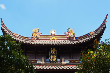 Fototapeta na wymiar Bell pavilion in temple of king Asoka ningbo china