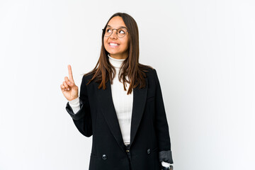 Young mixed race business woman isolated on white background indicates with both fore fingers up...