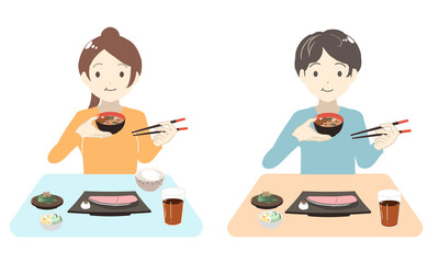 ご飯を頬張る　左利き(線無し)