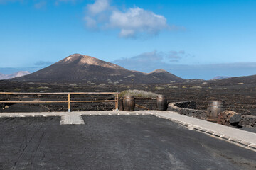view of a vineyard where the grapes are processed and the exquisite wine is extracted Lanzarote,...
