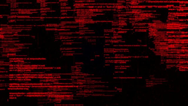 Abstract programming code devided into blocks on black background, seamless loop. Animation. Technology background of software developer and computer script.