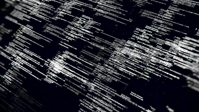 White scrolling lines of programming language on black background. Animation. Abstract screen of modern game moving code, software development background, monochrome, seamless loop.