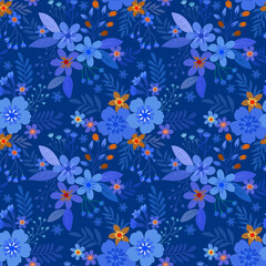 Fototapeta premium Seamless floral pattern on blue monochrome background fabric textile wallpaper.