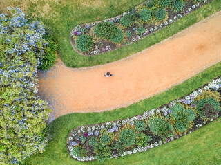 Aerial view of a runner on a garden path lined with flower beds