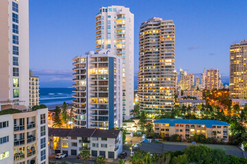 Hi rise apartment buildings at twilight on the Gold Coast