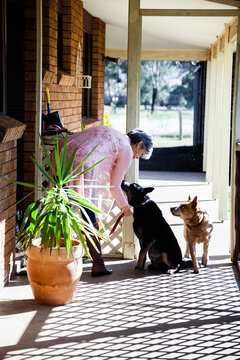 Country woman on verandah with her two doge