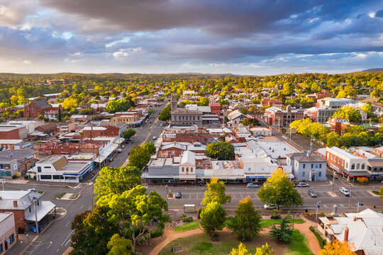 Aerial view of a regional town with historic buildings