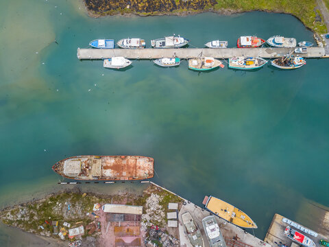 Aerial view of a boat marina and ship yards