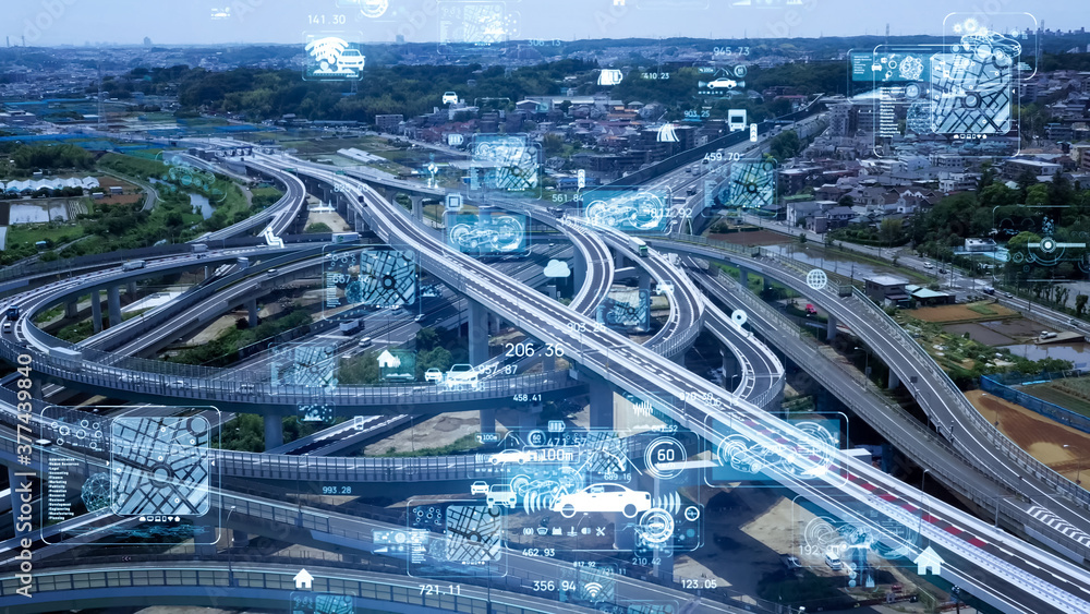 Aufkleber 交通とテクノロジー　高速道路のジャンクション空撮とネットワークイメージ　its　maas