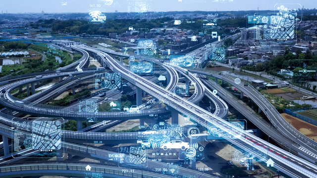 交通とテクノロジー　高速道路のジャンクション空撮とネットワークイメージ　ITS　MaaS