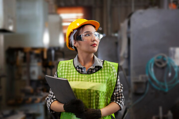  Female Industrial Engineers with  machine. Assist production engineer in industry.