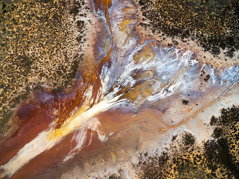 Aerial of water patterns in salt flat