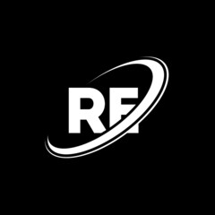 Fototapeta RE R E letter logo design. Initial letter RE linked circle uppercase monogram logo red and blue. RE logo, R E design. re, r e obraz