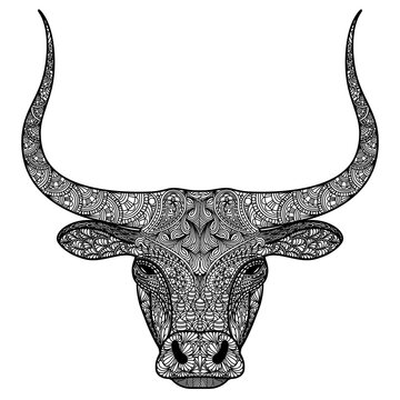 Head of bull. Ornamental longhorned Buffalo or bison symbol of new new year 2021. Black and white concept.
