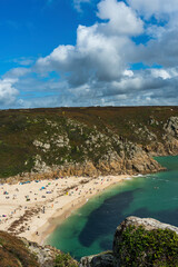 Panorama of the Porthcurno Beach nad Logan Rock - Lands End in Cornwall in England