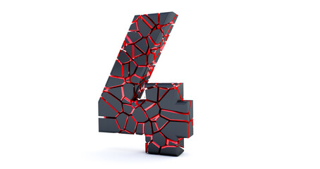 3D render of  broken Number isolated on white background (Number 4). cracked 3d number 4 four.