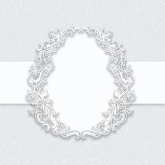 White ornate frame isolated over baby blue. White elegant floral border. Illustration template.