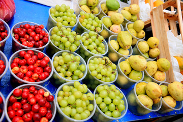 salvador, bahia / brazil - september 11, 2020: acerola, guava and grape fruits are seen for sale on...