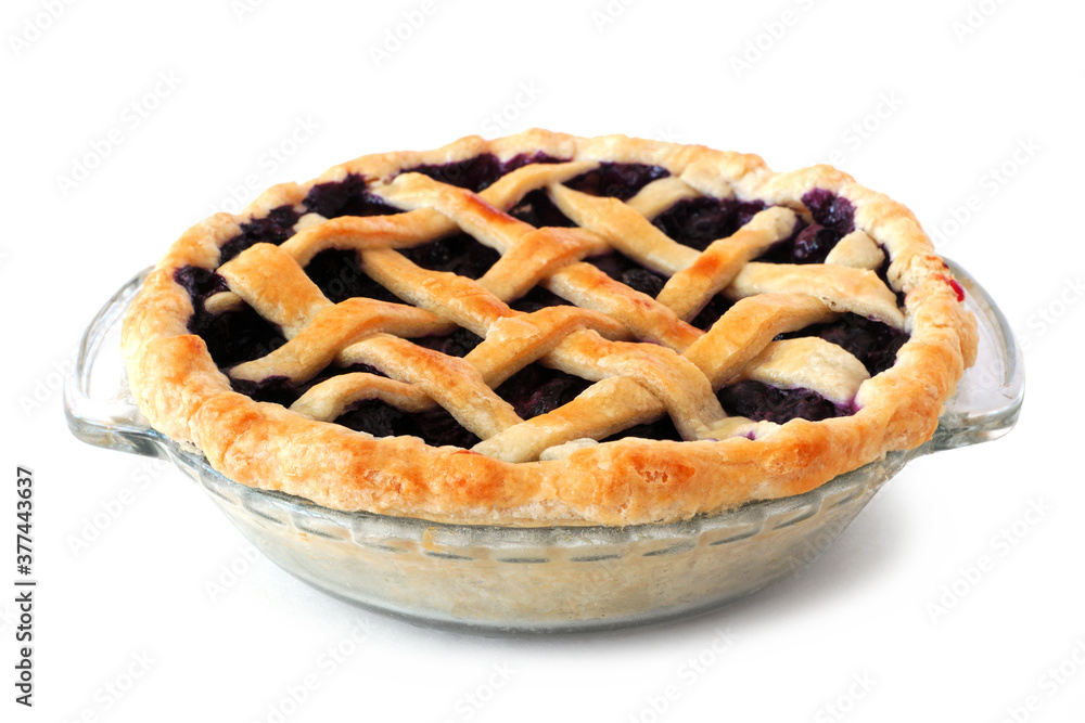 Poster homemade blueberry pie with lattice pastry isolated on a white background. side view.