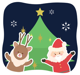 Obraz na płótnie Canvas サンタクロースとトナカイとクリスマスツリーのイラスト