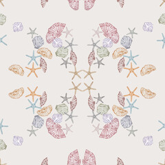 Marine beach seamless pattern with seashells and sea stars on eggshell color background.