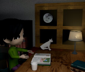 読書の秋・月夜に本を読む子供