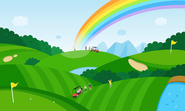 虹と広いゴルフコース。ゴルフを楽しんでる人々のイラスト。