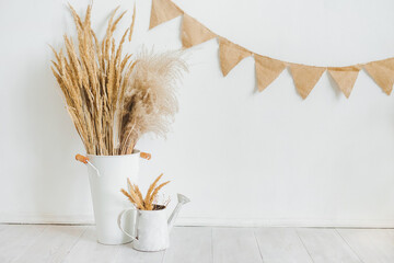 Dry spikelets of pampas grass in a white vase and watering can against a white wall with a garland...