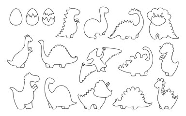 Dinosaur outline cartoon set. Reptile line collection, predators and herbivores dino. Funny linear dinosaurs. Kids design for fabric or textile. Vector illustration isolated © neliakott