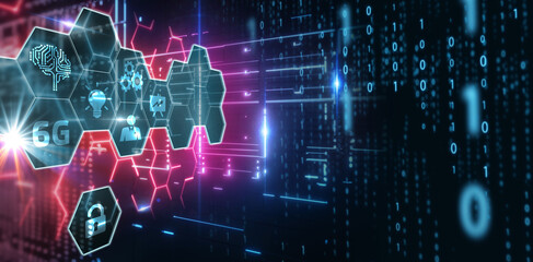 The concept of 6G network, high-speed mobile Internet, new generation networks. Business, modern technology, internet and networking concept.