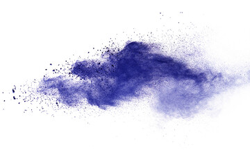 Blue powder particle splash isolated on white  background.