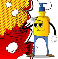 Cartoon bottle of hand sanitizer gel for hygiene with face confused.