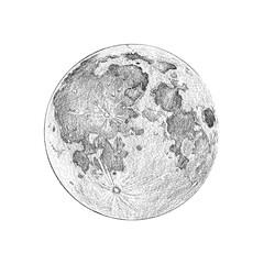 Moon full phase, illustration sketch style, full moon image on white background.