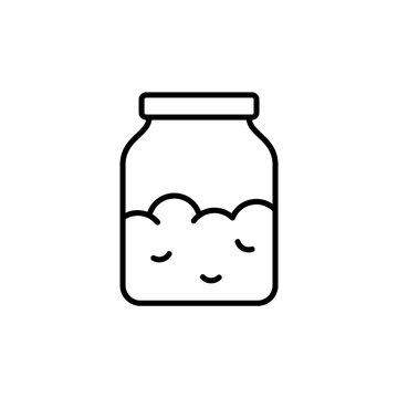 recommend clip art: Sourdough or yeast starter in jar. Linear icon of kitchen glass bottle with dry powder, cooking ingredient. Black pictogram of groats, salt, sugar, oatmeal or cereal. Contour vector, white background